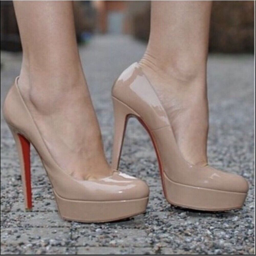 Christian Louboutin Nude Patent Leather Bianca Platform Heels SZ 38.5